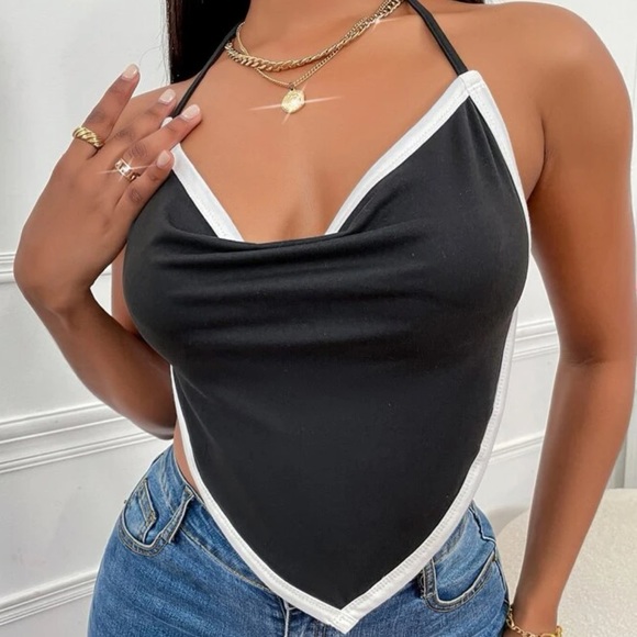 SHEIN Tops - Contrast Binding Draped Front Backless Knot Bandana Halter Top